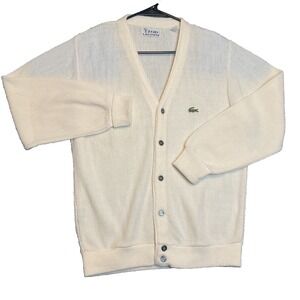 Vintage 80s Izod Lacoste Cardigan Sweater Mens M Cream Retro Heritage V Neck